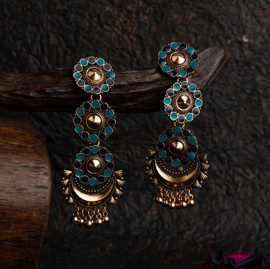 Antique Gold Plated Dual Colored Floral Enamel Design With Chandbali Shaped Hanging Beads Fashion Earring
