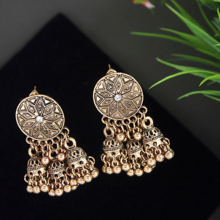 Antique Gold Plated Drop Bells Stud Triple Jhumka Earring