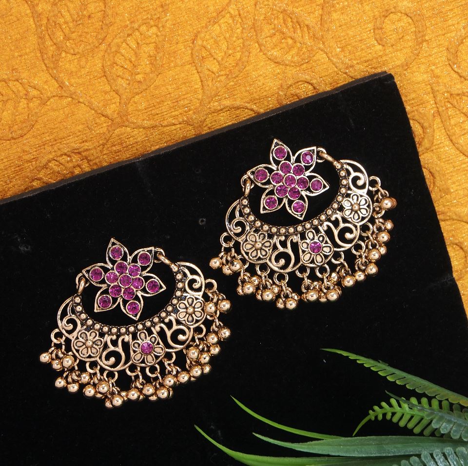 Antique Gold Plated Floral Chandbali Stud Earring