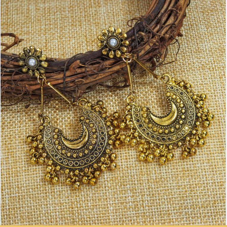 Antique Gold Chandbali Dangle Earring With Ghungroos And Pearls