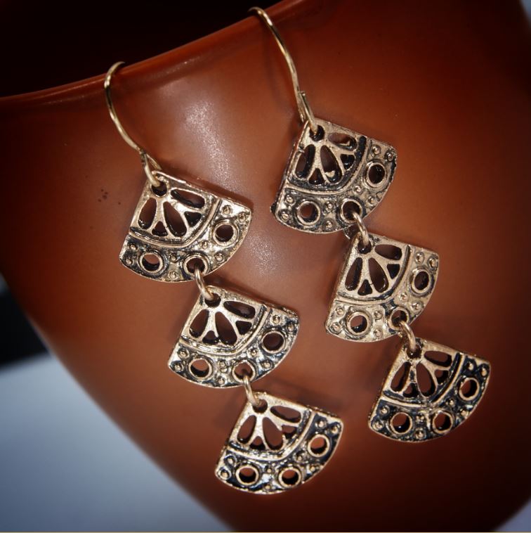 Antique Gold Plated Layered Geometrical Shaped Earring with Fish Hooks