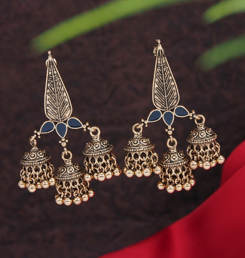 Antique Gold /Silver Plated Enamel Artwork Triple Jhumki Earring