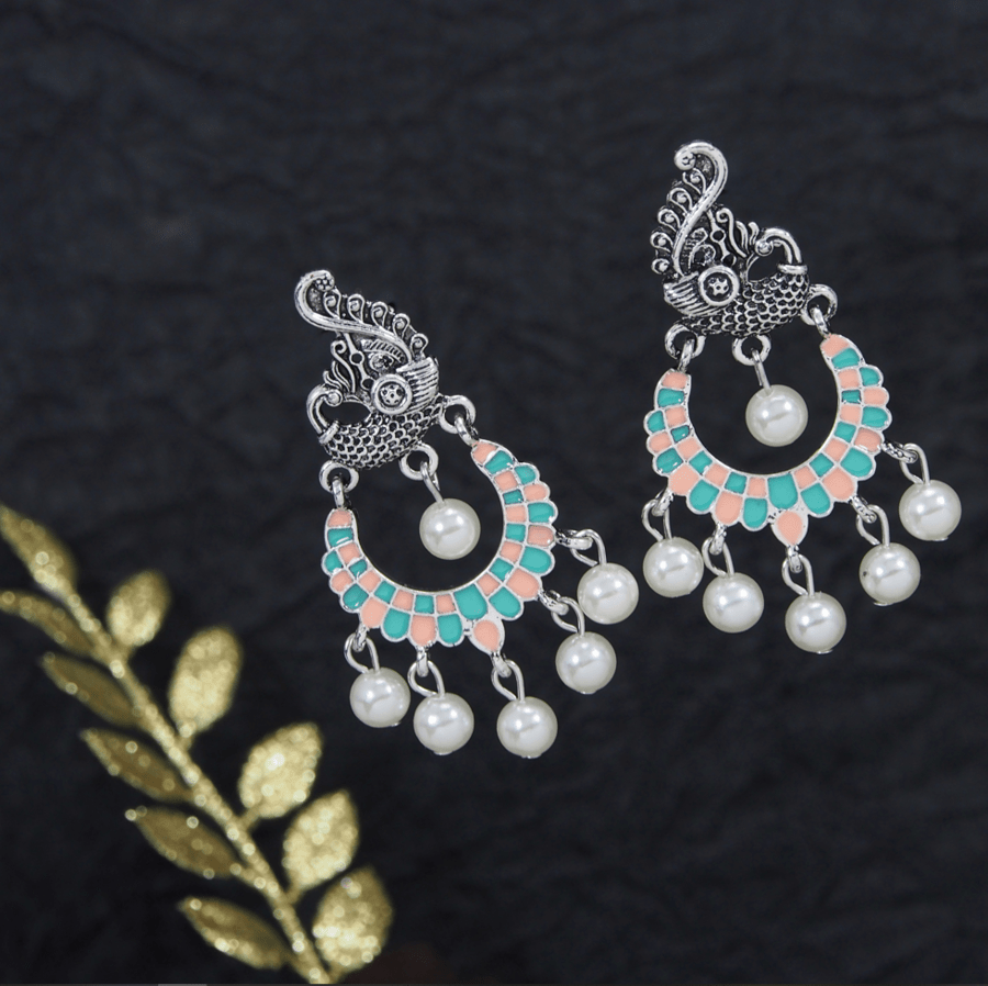 Antique Gold /Silver Plated Peacock Designed Enamel Artwork with Dangling Pearl Earring