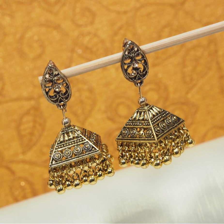 Antique Gold Plated Geometric Shaped Jhumki Earring