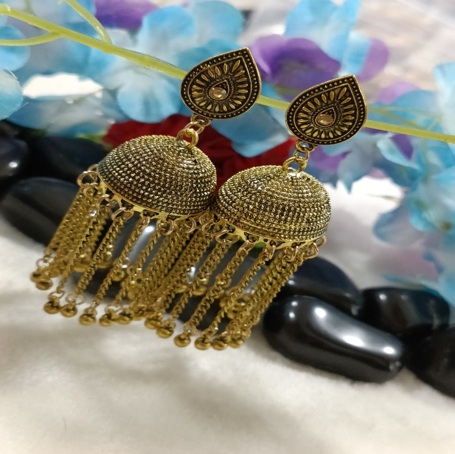 Antique Gold Plated Chain Tassel Jhumka Earring