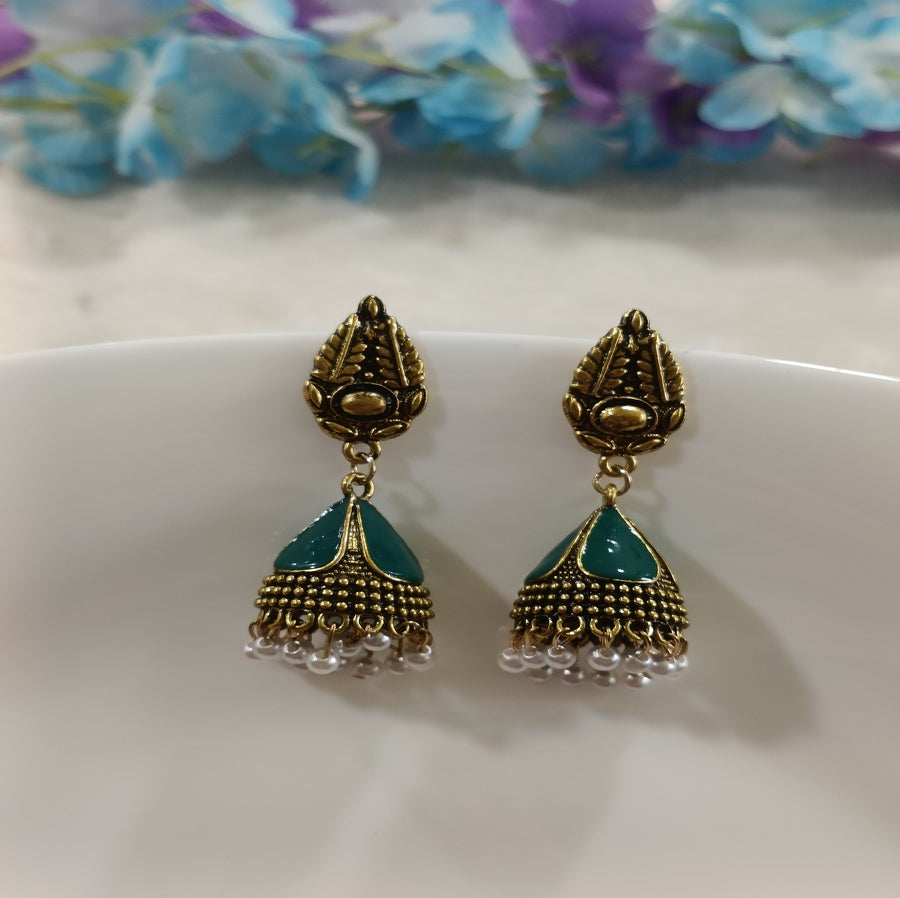Antique Gold Plated Green Enamel White Pearl Jhumka Earring