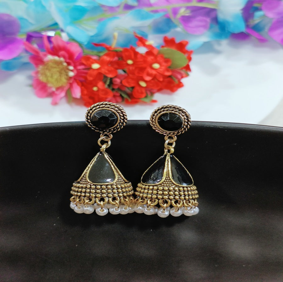 Antique Gold Plated Black Enamel White Pearl Jhumka Earring