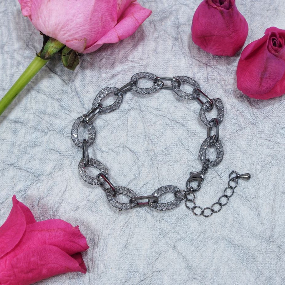 Crystal With Gun Metal Plated Chain Link Fishnet Bracelet-BR 1016