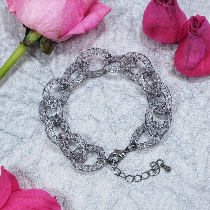 Crystal With Gun Metal Plated Chain Link Fishnet Bracelet-BR 1020