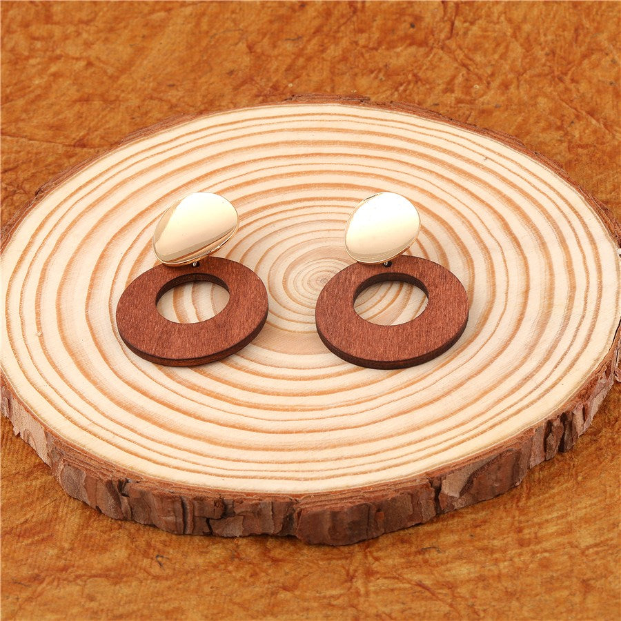 (Pack of 3 ) Gold Plated Hand Crafted Round Shaped Wooden Drop Earring