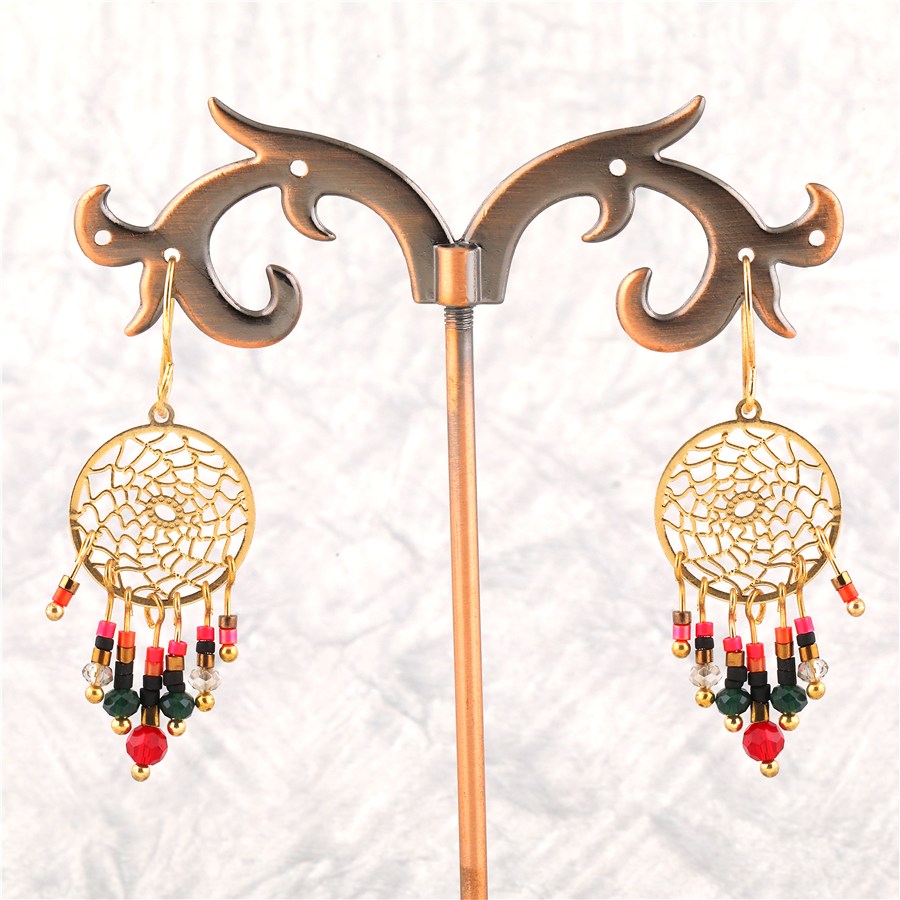 ( Pack Of 3 ) Gold Plated Round Shaped Floral Dangling Bead Earring