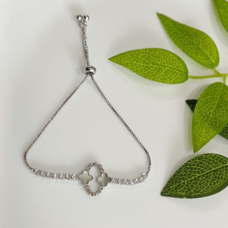 Korean Gold/Silver Plated Oval Shaped Floral Cubic Zicronia Adjustable Bracelet