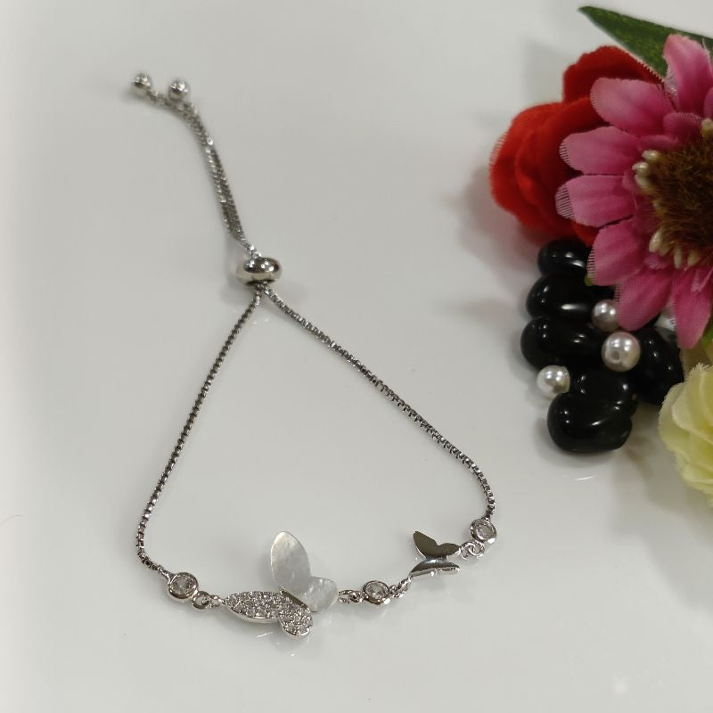 Korean Gold/Silver Plated Half Cubic Zicronia and White Shell Butterfly Shaped Adjustable Bracelet