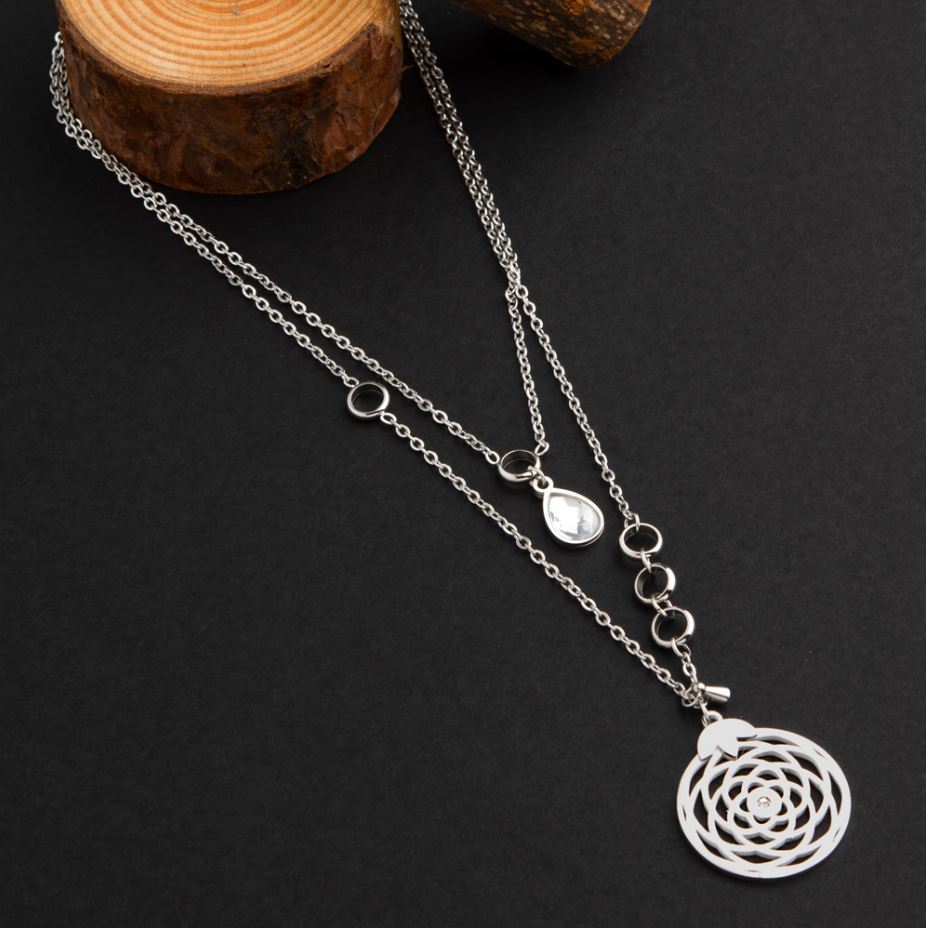 Stainless Steel Silver Plated Dual Layered With Flower of Life Charm Necklace- NK 1808