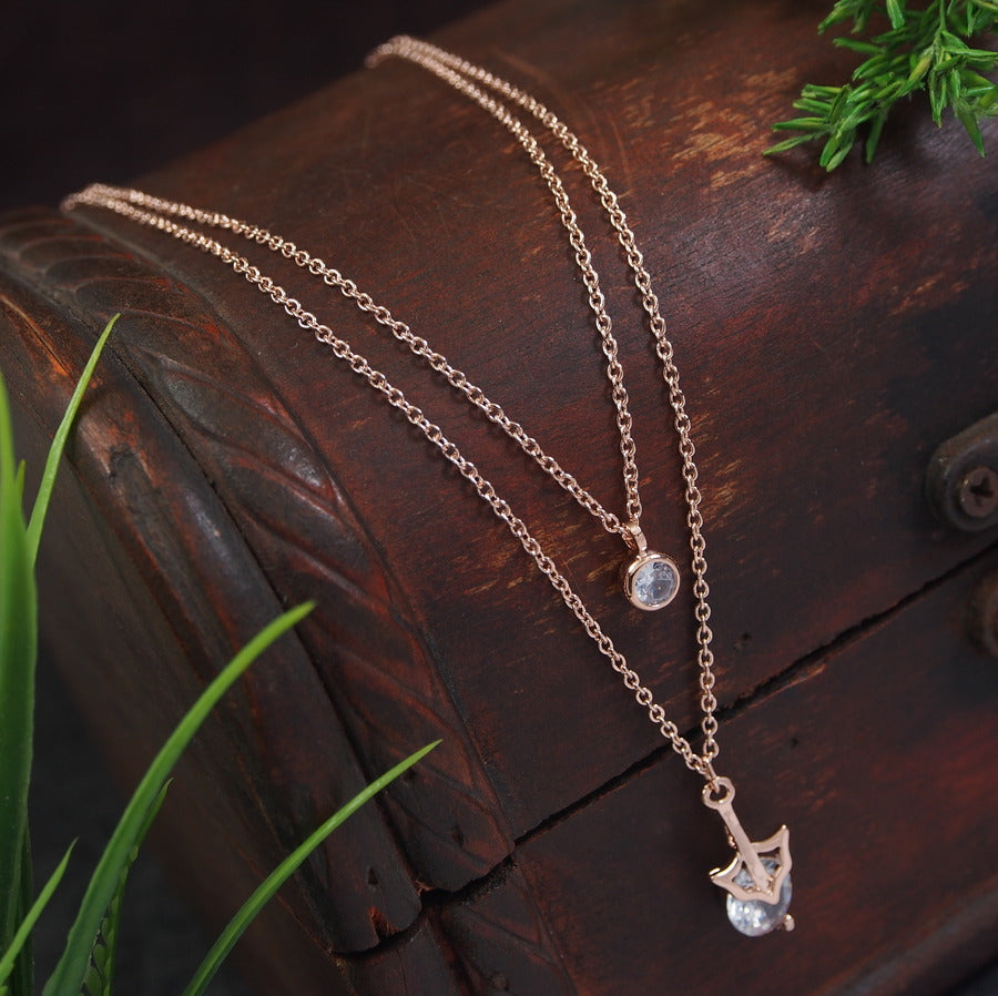 Gold/Rosegold Plated Multi Layered Cubic Zicron Anchor Shaped Pendent Necklace- NK 4278