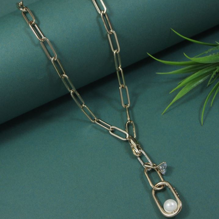 Chain Link Pearl Pendent Long Chain Necklace