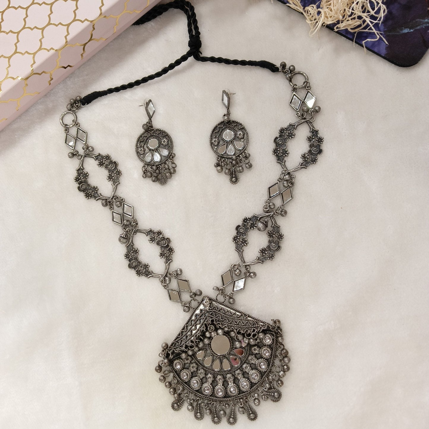 Afghani Mirror Work Handcrafted Silver Oxidised Necklace Set- OXDNK 1744