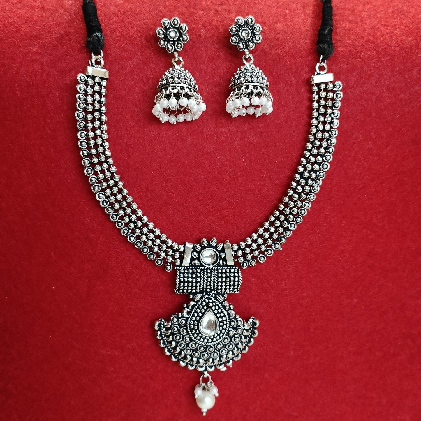 Silver Oxidised Plated Kundan Studded Pearl Choker Necklace Set- OXDNK 2311
