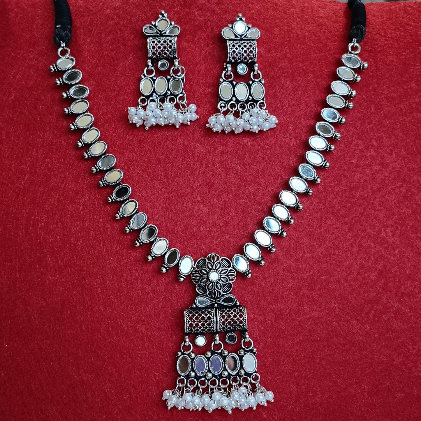 Silver Oxidised Plated Mirror Studded Trendy Choker Necklace Set-2313A
