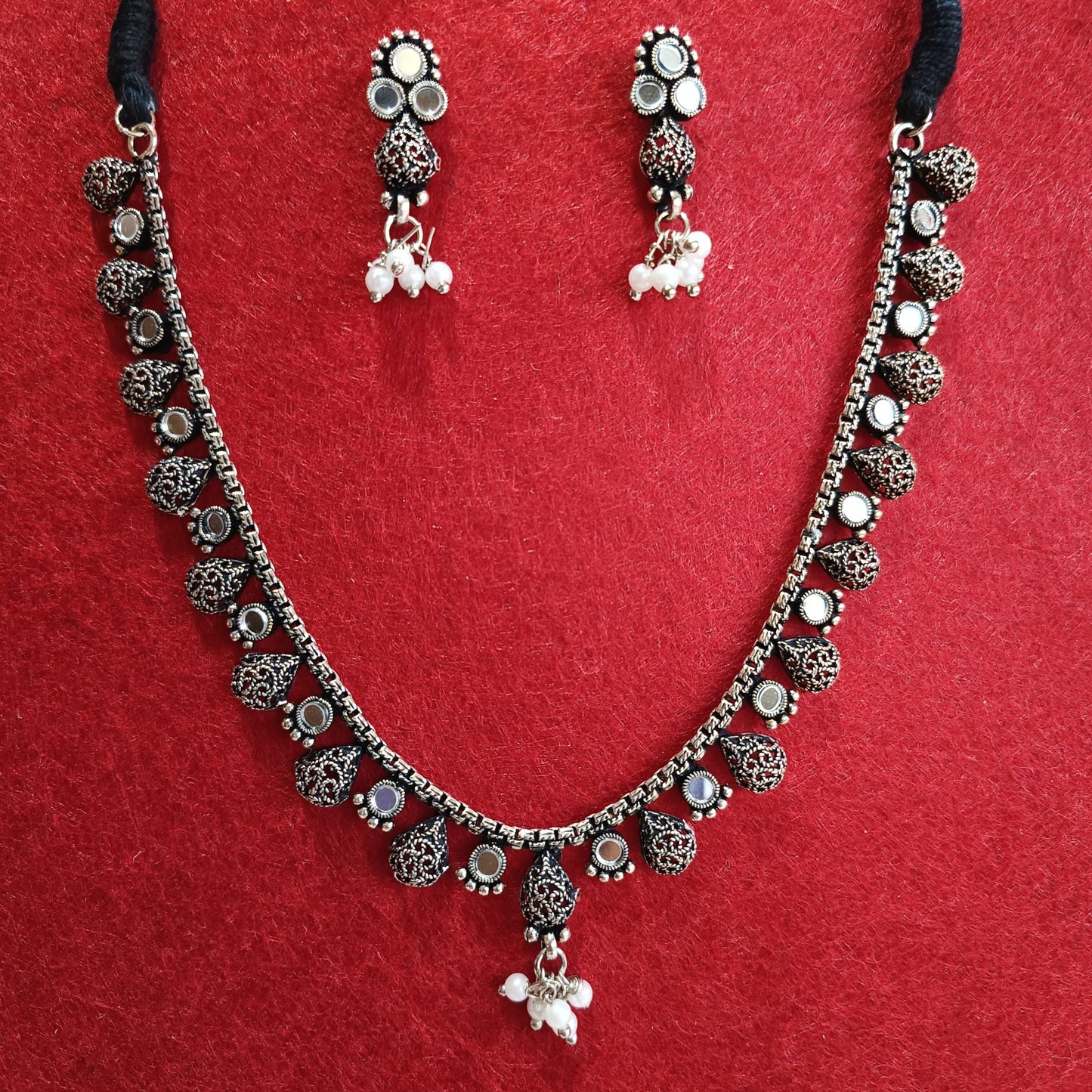 Silver Oxidised Plated Mirror Studded Delicate Choker Necklace Set- OXDNK 2314A