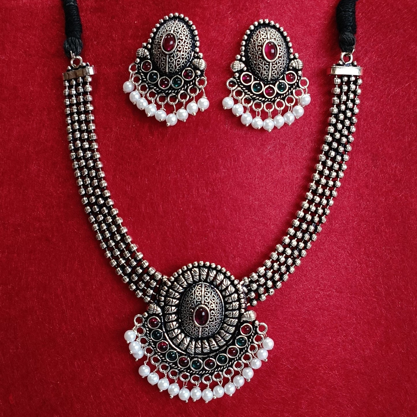 Silver Oxidised Plated Kundan Studded Pearl Choker Necklace Set- OXDNK 2319