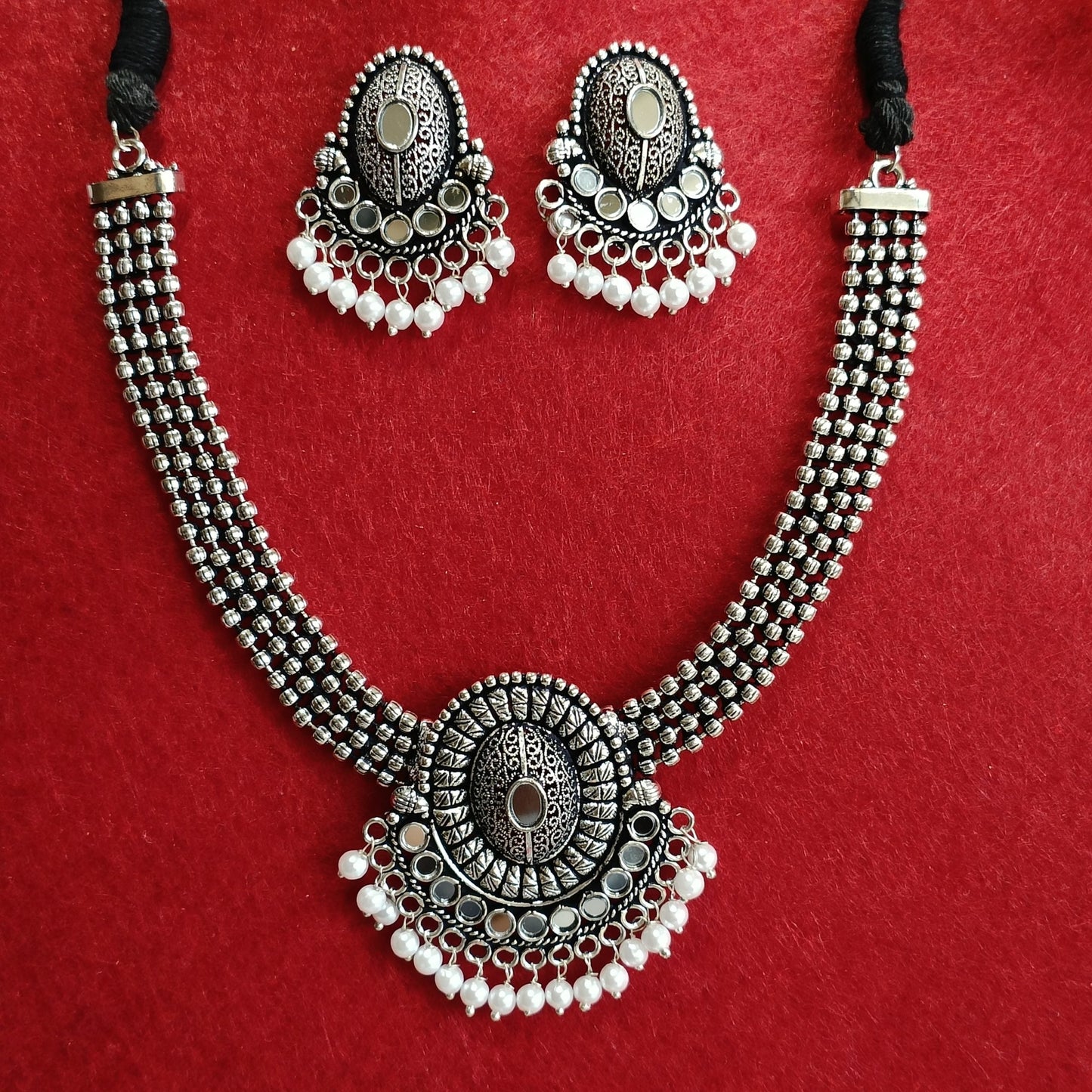 Silver Oxidised Plated Mirror Studded Pearl Choker Necklace Set- OXDNK 2319A
