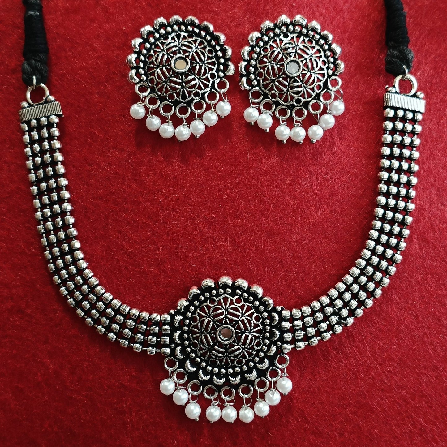 Silver Oxidised Plated Mirror Studded Pearl Choker Necklace Set- OXDNK 2320A