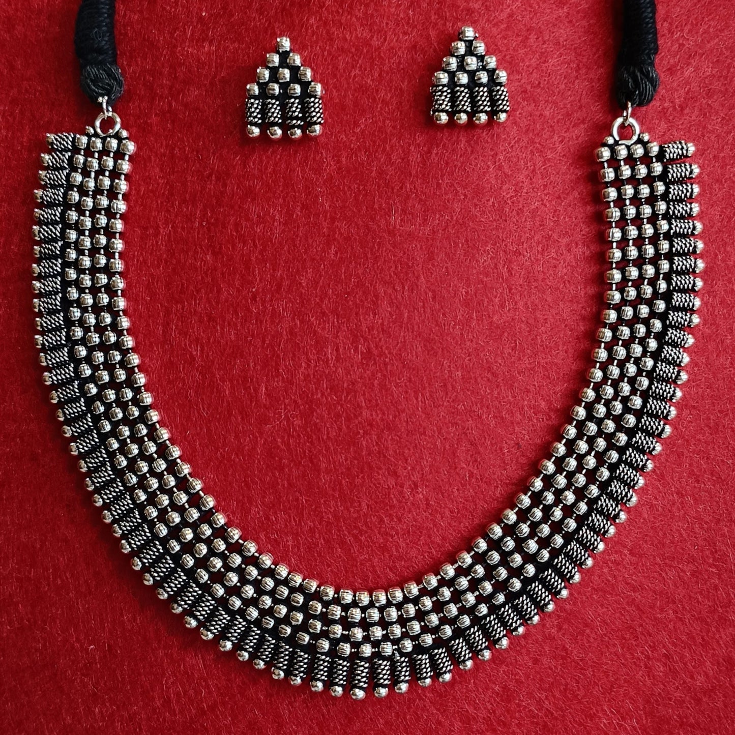 Silver Oxidised Plated Delicate Choker Necklace Set- OXDNK 2329