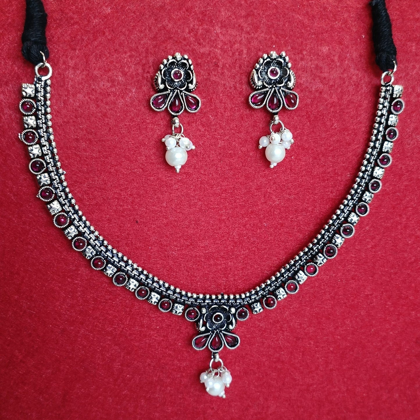 Silver Oxidised Plated Kundan Studded Pearl Choker Necklace Set- OXDNK 2342