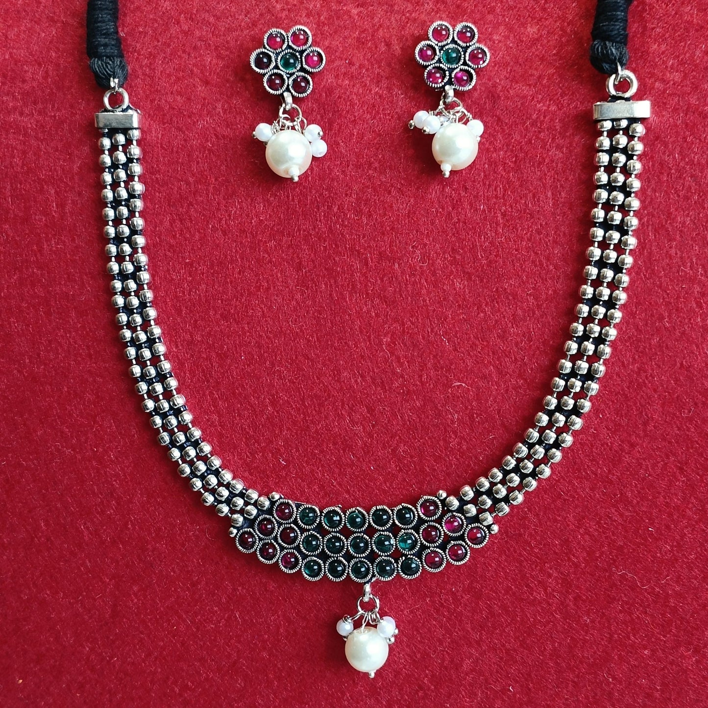 Silver Oxidised Plated Kundan Studded Delicate Design Pearl Choker Necklace Set- OXDNK 2347