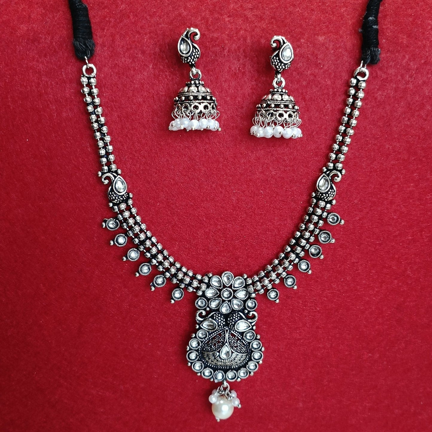 Silver Oxidised Plated Kundan Studded Trendy Design Pearl Choker Necklace Set- OXDNK 2349