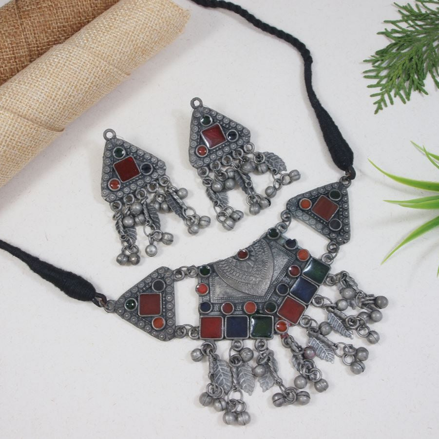 Antique Oxidised Silver Plated Necklace Set
