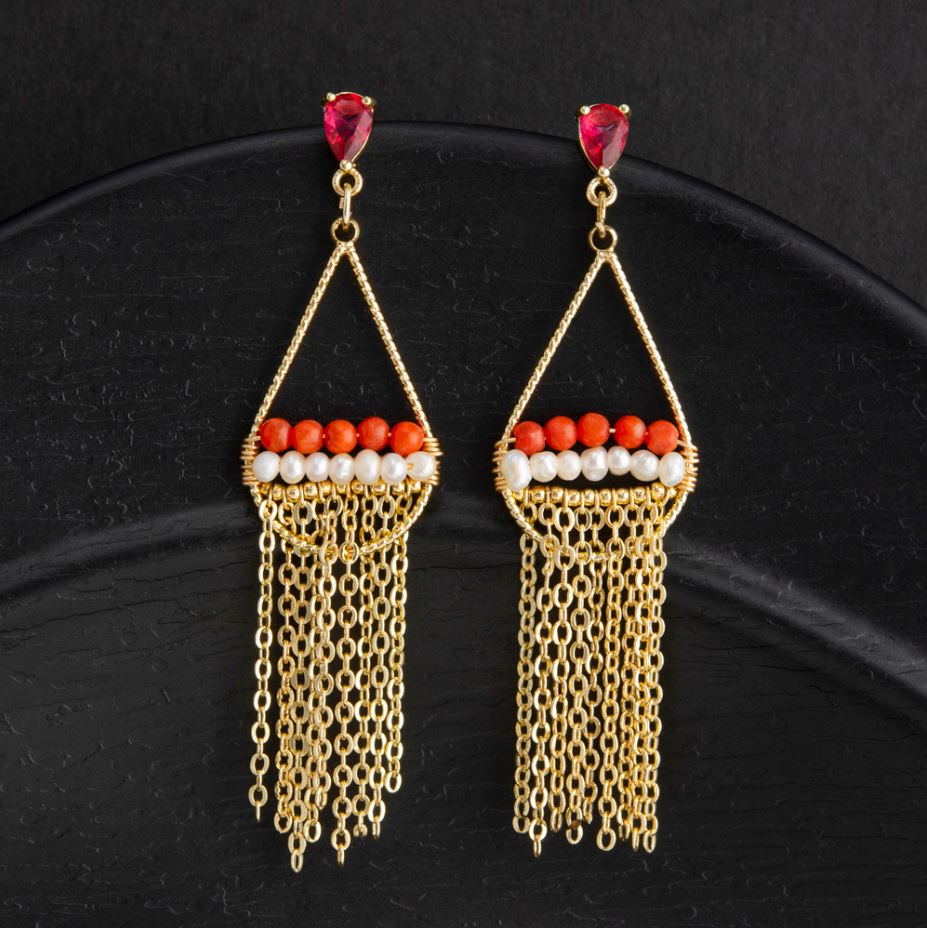 24 Carat Guaranteed Gold Plated Tear Drop Shaped Freshwater Natural Cultural Pearl Beads & Hanging Chain Style Fashion Drop Earring- PER 2121