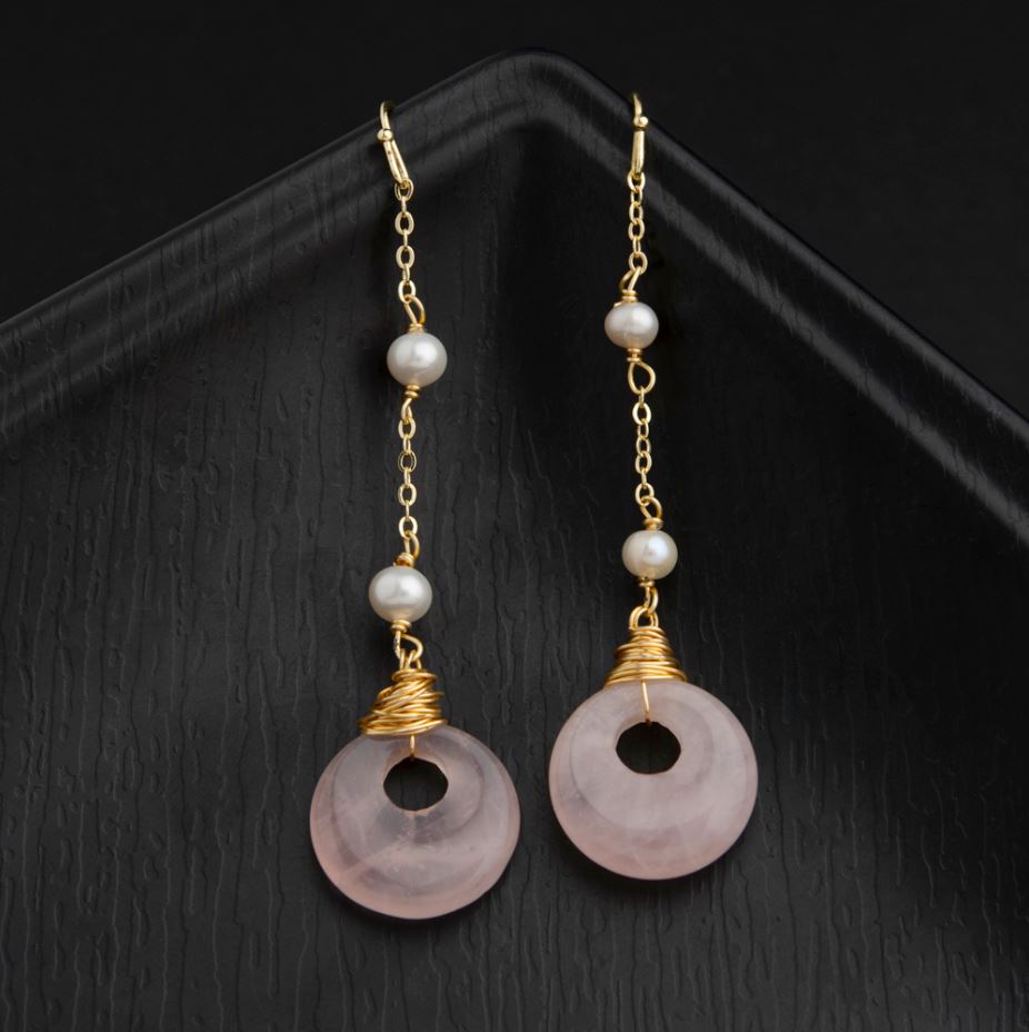 24 Carat Guaranteed Gold Plated Wire Wrapped Rose Quartz Disc With Dangling Chain Freshwater Natural Cultural Pearl Beads Fashion Drop-PER 2136 Earring