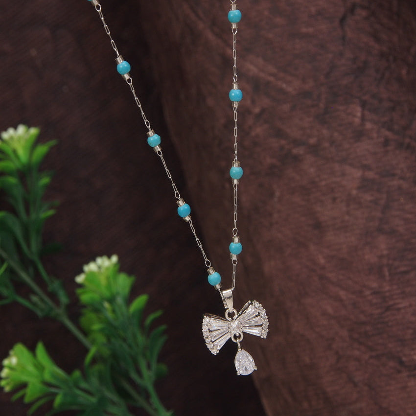 Stainless Steel Silver Bow Shaped Pendent Pearl Chain Necklace