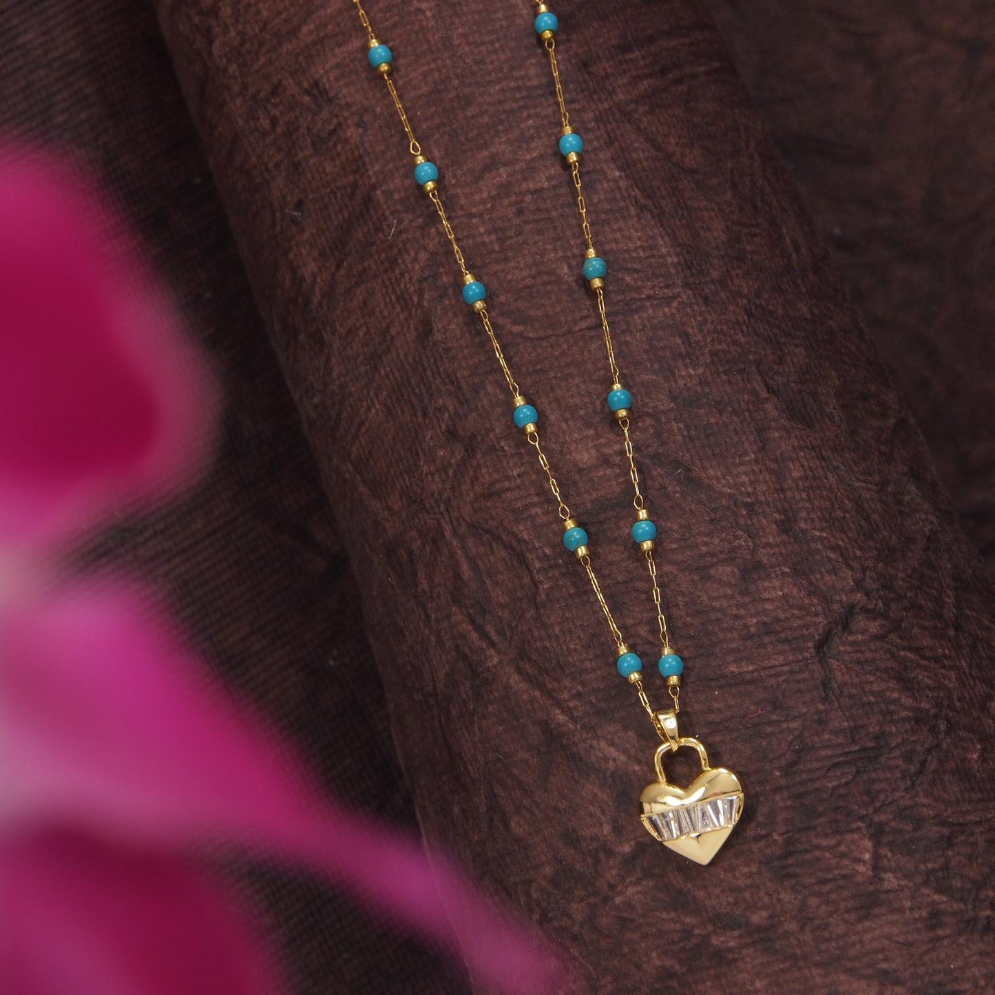 Stainless Steel Heart Shaped Baguette Pendent Pearl Chain Necklace