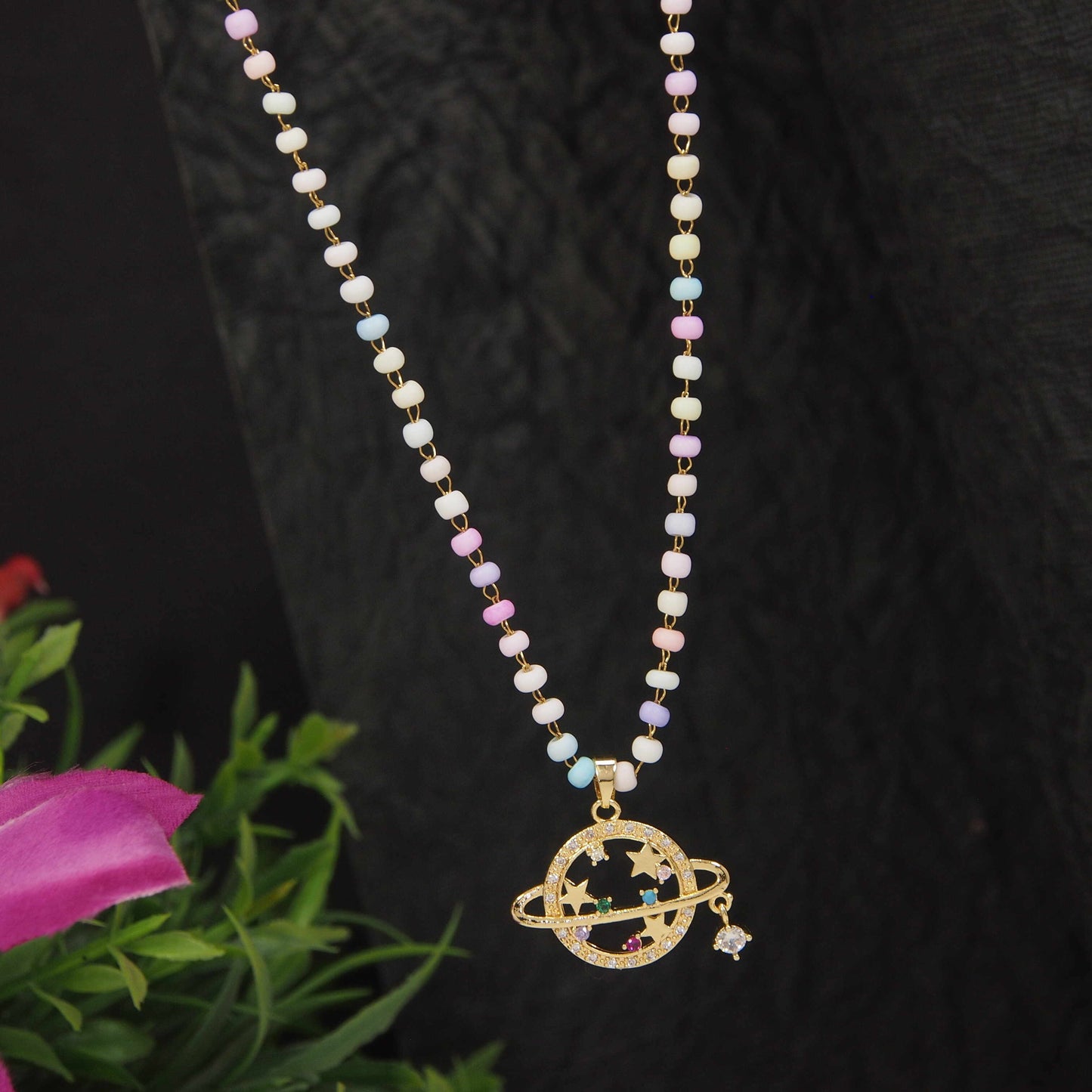 Stainless Steel Saturn Pendent Pearl Chain Necklace