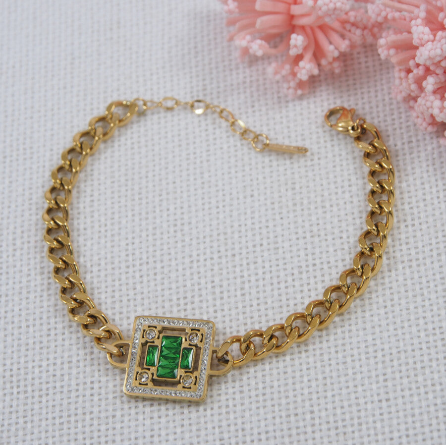 Stainless Steel Gold Plated Fashion Trendy Chunky Cuban Chain Square Zircon Charm Bracelet
