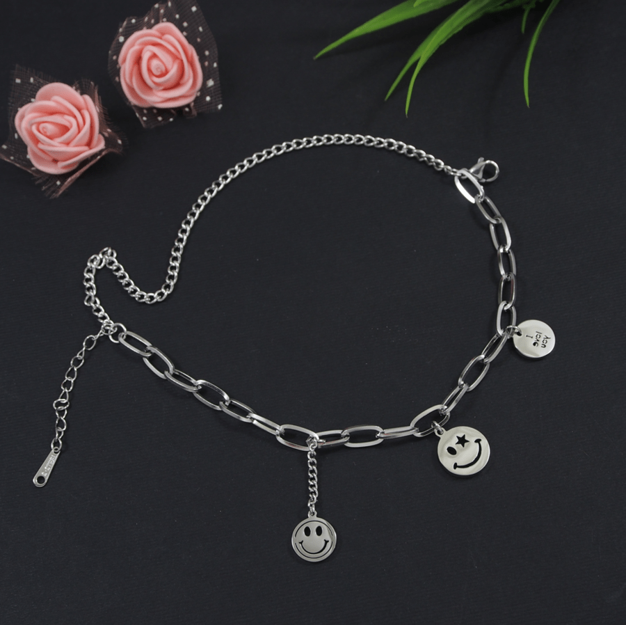 Stainless Steel Silver Plated Smiley Face Charm Bracelet