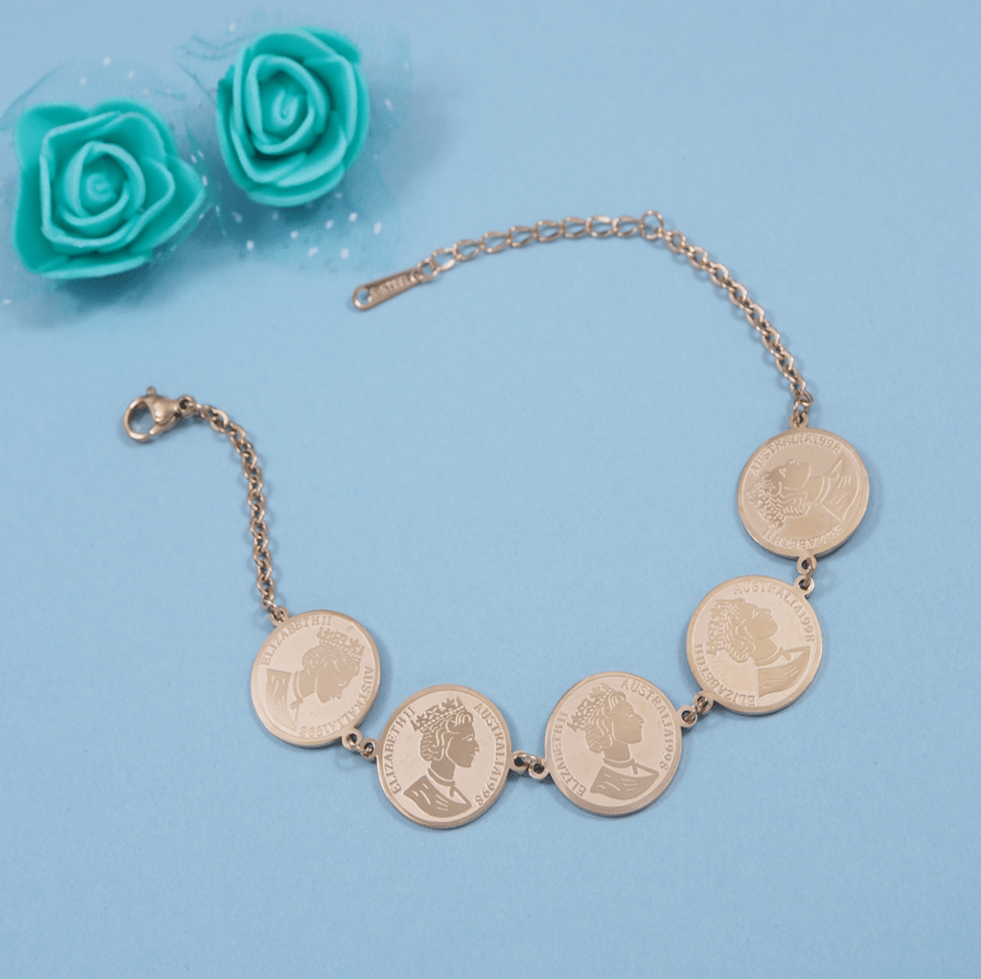 Stainless Steel Gold/Rosegold Plated Elizabeth Coin Bracelet