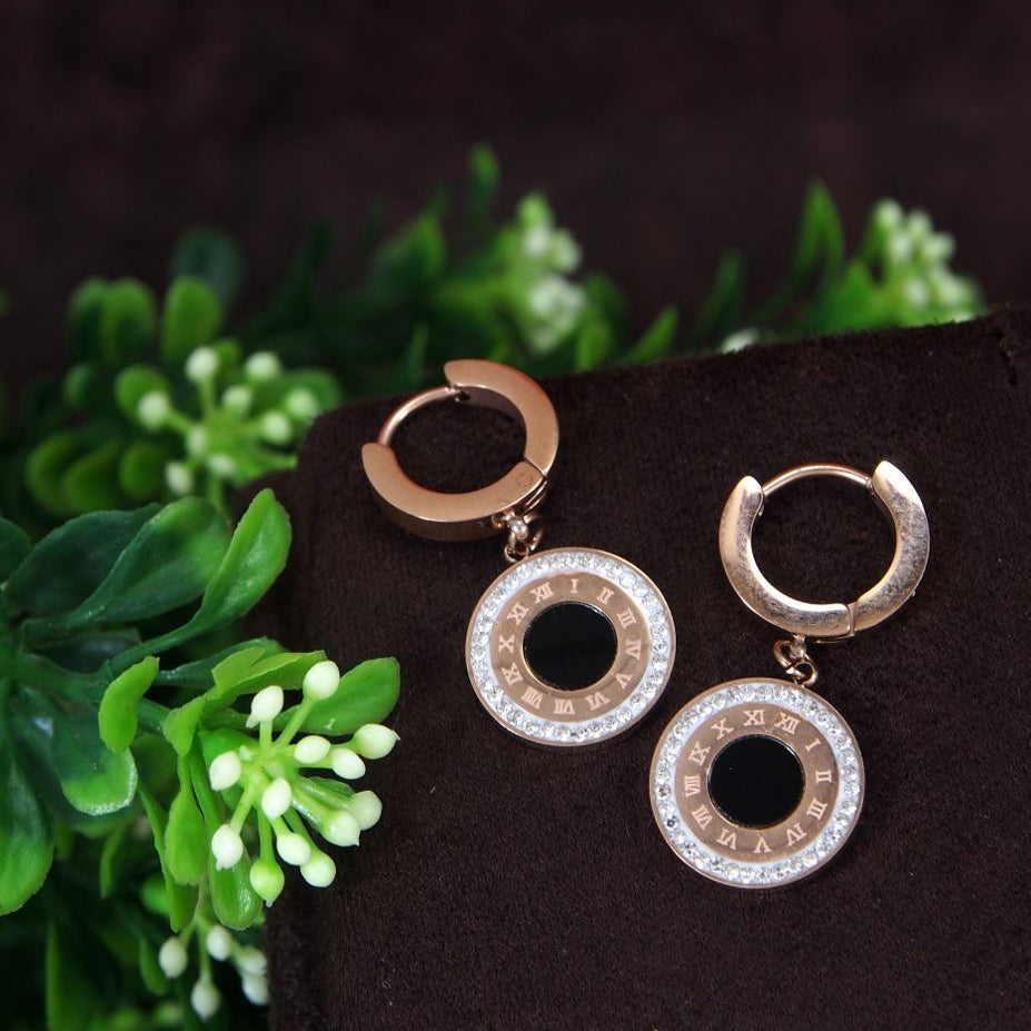 Stainless Steel Rosegold Plated Roman Numerals Hoops Earring