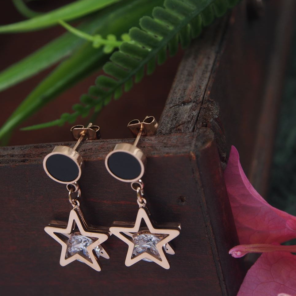 Stainless Steel Rosegold Plated Star Shaped CZ Drop Earring