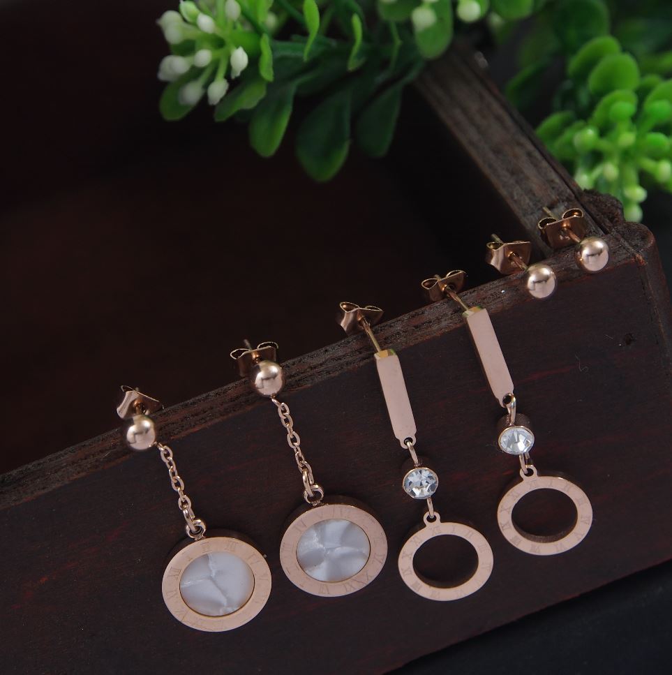 Stainless Steel Rosegold Plated Three Pair Stud & Roman Numerals Chain Earring