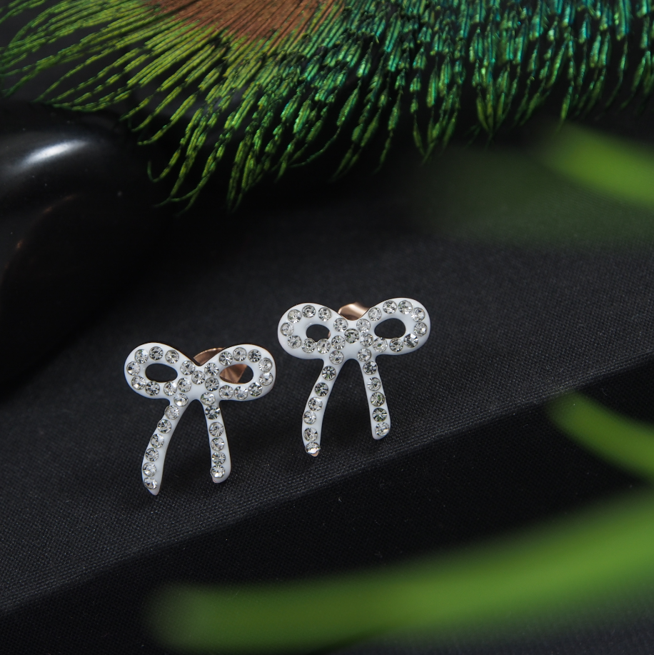 Stainless Steel Rosegold Plated White Coloured Bow Shaped Stud Earring
