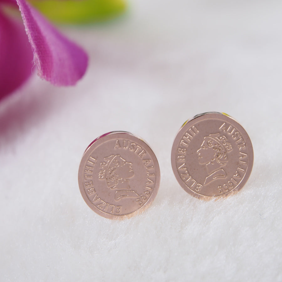 Stainless Steel Rosegold Plated Queen Elizabeth Coin Shaped Stud Earring