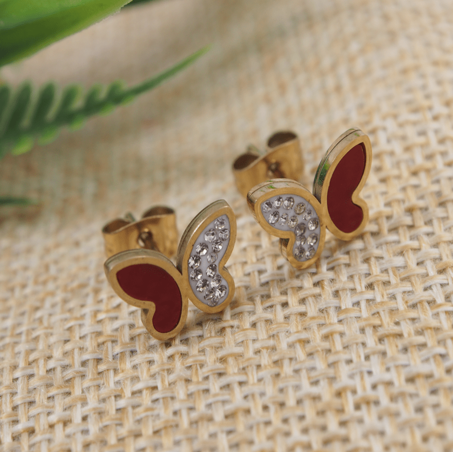 Stainless Steel Rosegold Plated Red/Black Coloured Butterfly Shaped Stud Earring