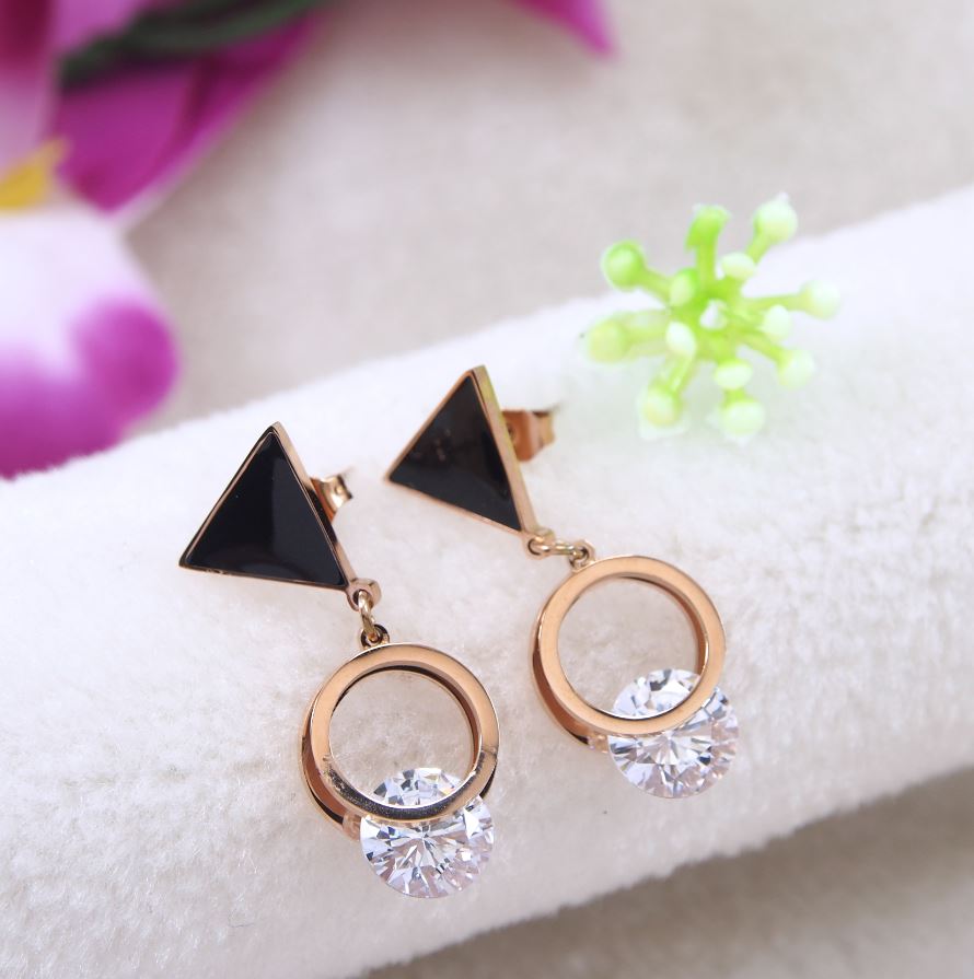 Stainless Steel Rosegold Plated Round Cubic Zicron Drop Earring