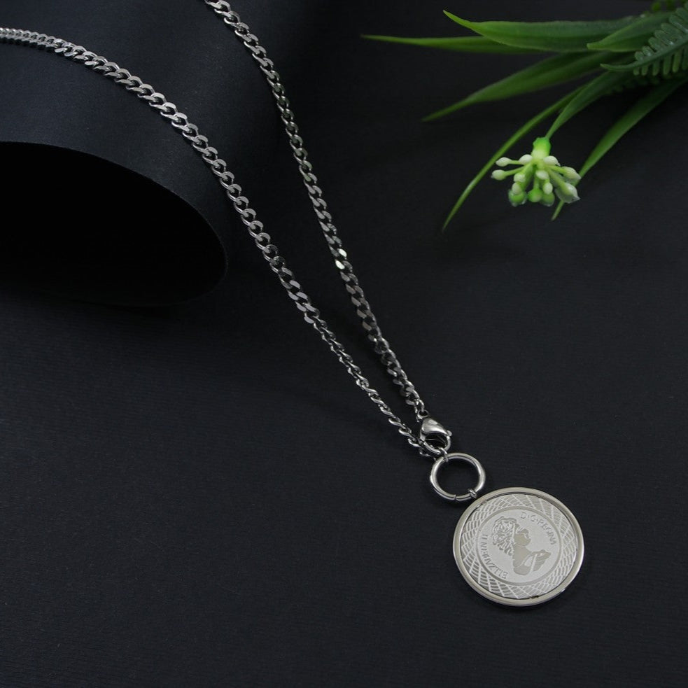 Stainless Steel Silver Plated Thick Chain Elizabeth Coin Pendant Necklace