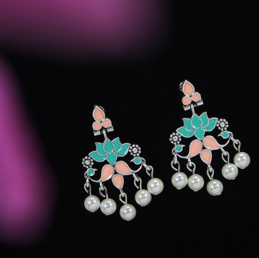 Antique Gold /Silver Plated Enamel Lotus Designed Dangling Pearl Earring