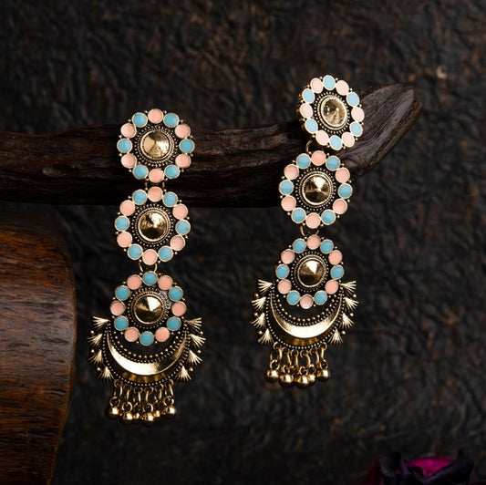 Antique Gold Plated Dual Colored Floral Enamel Design With Chandbali Shaped Hanging Beads Fashion Earring